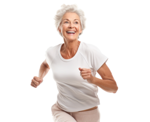 Happy middle-aged woman jogging, cut out