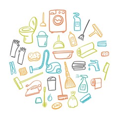Round illustration of a collection of household appliances for cleaning, washing and disinfection, hand drawn in doodle style