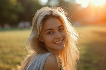 Fototapeta premium Young blonde woman smiling at the park.