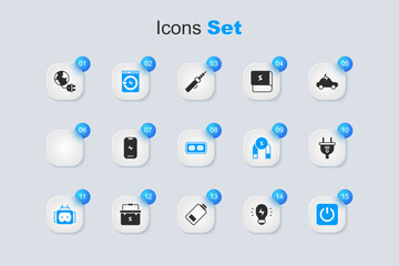 Set Creative lamp light idea, Mobile phone, Washer, Tee plug electric, Power button, Electric, Global energy planet with and Electrical outlet icon. Vector