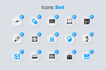 Set Briefcase, Advertising, Gear with dollar symbol, Pie chart infographic, Browser stocks market, Dollar plant, Money exchange and Bank building icon. Vector