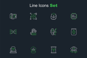 Set line Computer vision, Radioactive waste in barrel, Network cloud connection, warning lamp, Energy drink, Humanoid robot, Mechanical hand and Neural network icon. Vector