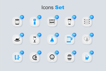 Set Wooden barrel, Glass of beer, Bottle opener, on rack, Heart with glass, and Chicken leg icon. Vector