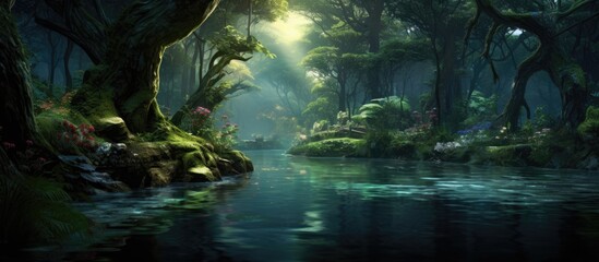 Enchanting forest with water surroundings.
