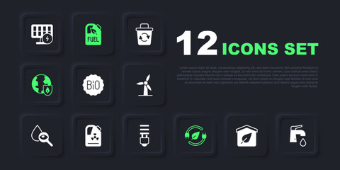 Set Eco friendly house, Water tap, Banner for bio, Electric saving plug in leaf, Earth with shield, Radioactive waste barrel, Bio fuel canister and LED light bulb icon. Vector