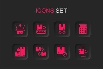 Set Cardboard box with traffic symbol, Conveyor belt, Carton cardboard, Calculator, and icon. Vector