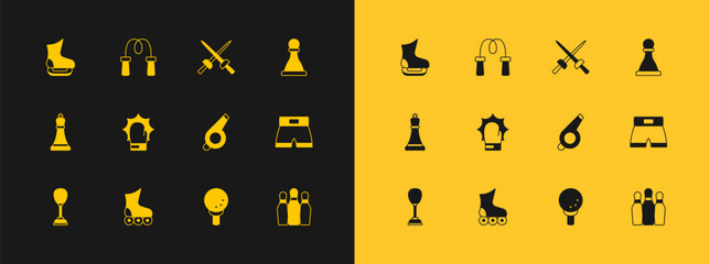 Set Chess, Roller skate, Whistle, Golf ball on tee, Punch in boxing gloves, Fencing, Skates and Jump rope icon. Vector