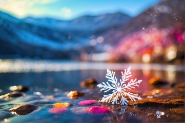Snowflake on water with blurred defocused background