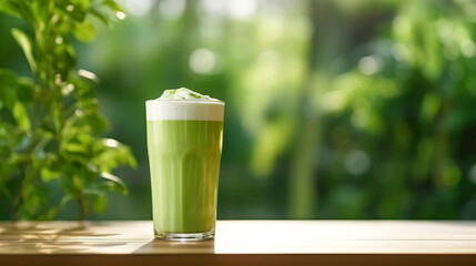 Blended green smoothie with ingredients on wooden table
