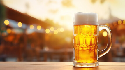 Glass of chilled beer on table and blurred street cafe  background