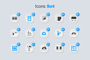Set House plan, City landscape, Window in room, Electrical outlet, Worker safety helmet, and Roulette construction icon. Vector