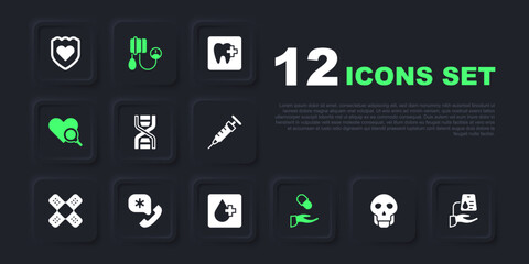 Set Skull, Blood donation, DNA symbol, Medical prescription, heart inspection, Emergency call 911, pressure and test icon. Vector