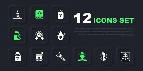 Set Queen bee, Type of, Best, Beekeeper with protect hat, Sale in jar honey, Honey extractor, Book about and Beekeeping brush icon. Vector