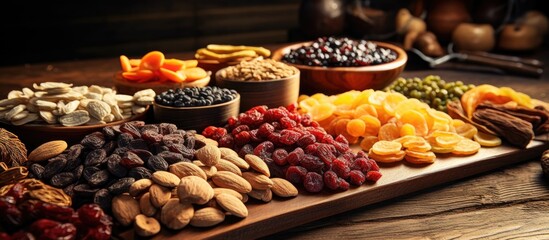 Obraz premium Assorted dried fruits on wood table.