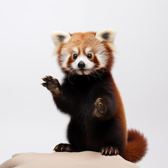 A red panda raising one hand in greeting