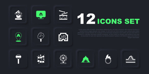 Set Circus fire hoop, Roller coaster, Cotton candy, tent, Carnival garland with flags, and Ferris wheel icon. Vector