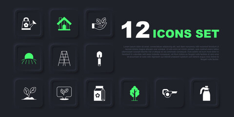 Set Leaf garden blower, Garden sprayer for water, Wooden staircase, Tree, Sunrise, Farm house and Pack full of seeds icon. Vector