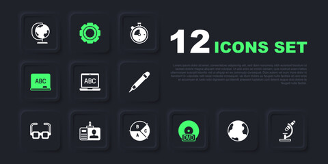 Set Earth globe, Microscope, Laptop, CD or DVD disk, Chalkboard, Identification badge, Gear and Pie chart infographic icon. Vector