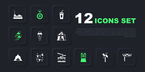 Set Pinwheel toy, Festive mask, Ice cream waffle, Magician hat and rabbit ears, Firework rocket, Carnival garland with flags, Unicycle and Drum drum sticks icon. Vector © Iryna
