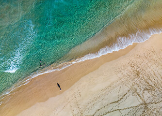 Fototapeta na wymiar The drone aerial view of Cofete beach in Fuerteventura Island, Canary Islands, Spain. Playa de Cofete, one of the best beaches in Fuerteventura.