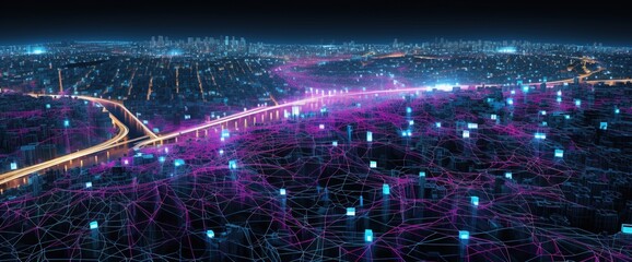 Digital representation of a city with glowing connection lines