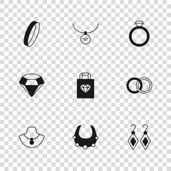 Set Necklace, Wedding rings, Earrings, Shopping bag jewelry, Diamond engagement, Locket necklace and icon. Vector