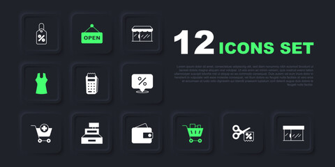 Set Scissors cuts discount coupon, Market store, POS terminal, Shopping cart and food, Woman dress, Cash register machine, Hanging sign with text Open and Wallet icon. Vector