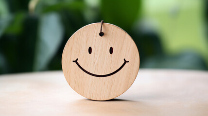 wooden label with happy smile relax face - obrazy, fototapety, plakaty