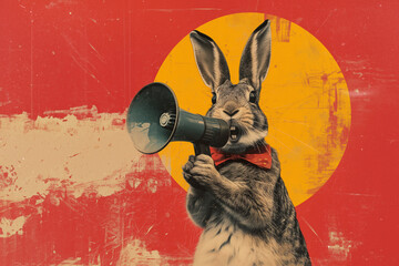 Art collage. A crazy easter bunny with a megaphone. Promotion, action, holiday, ad, job questions. Vacancy. Business discount concept, communication, information, news, team media relations. - obrazy, fototapety, plakaty