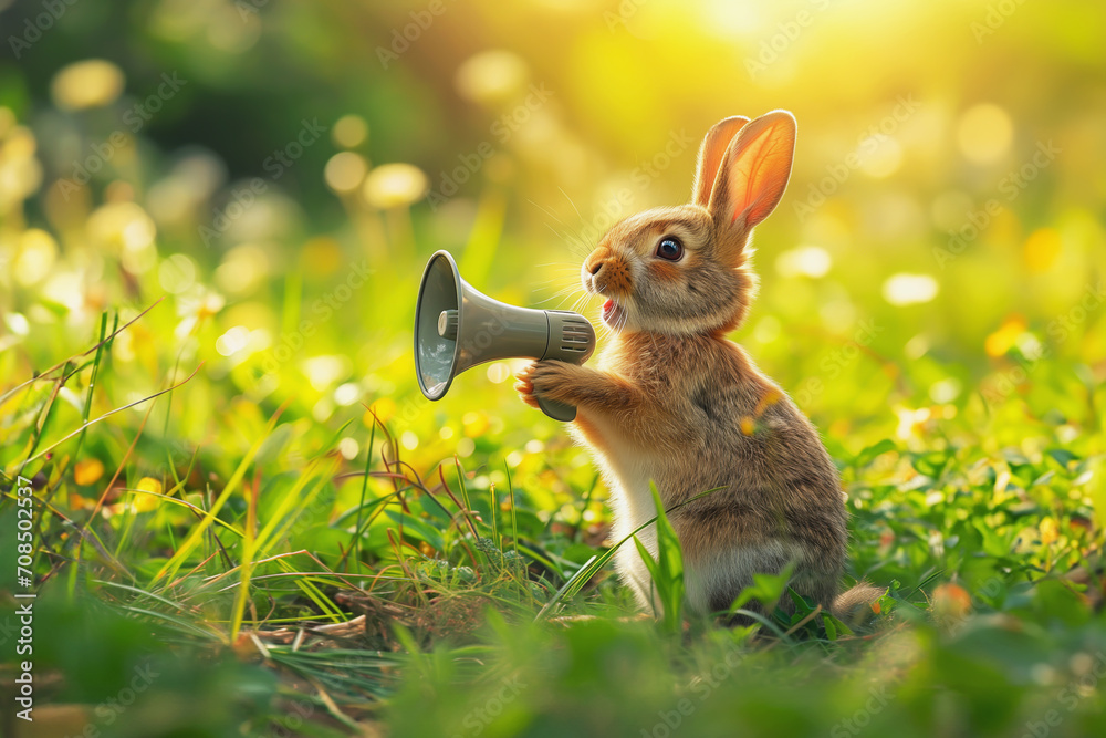 Wall mural cute easter bunny with a megaphone in the green grass. promotion, action, holiday, ad, job questions