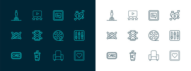 Set line Romantic movie, Paper glass with water, Film reel, Cinema chair, No cell phone, Video subtitles, Movie trophy and Rating icon. Vector