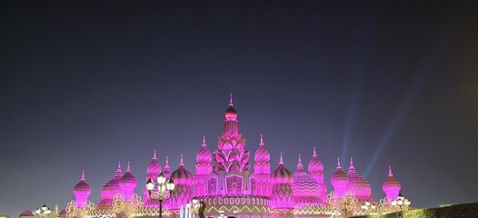 Dubai UAE Global village night view with lights  landscape image isolated Nice background display Beautiful colourful natural beauty scenery Great Views HD Photo 