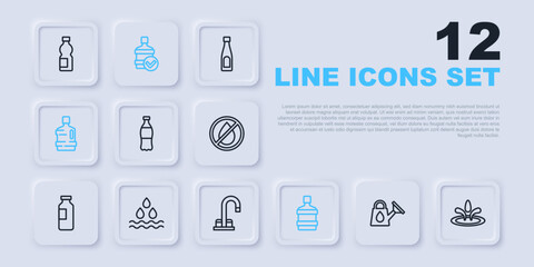 Set line Watering can, drop, Bottle of water, Big bottle with clean, and tap icon. Vector © Iryna