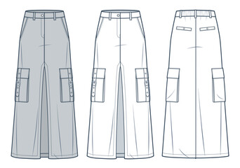Cargo Long Skirt technical fashion illustration. Front Slit Skirt fashion flat technical drawing template, maxi, pockets, A-line, elastic waist, front, back view, white, grey, women CAD mockup set.