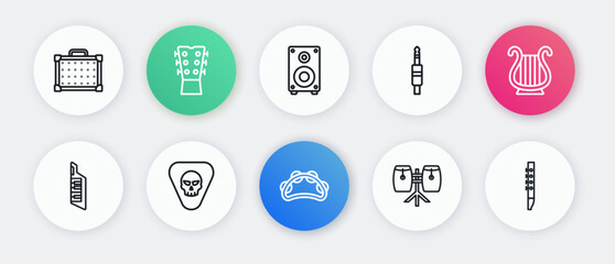 Set line Tambourine, Ancient Greek lyre, Keytar, Conga drums, Audio jack, Stereo speaker, Flute and Guitar pick icon. Vector