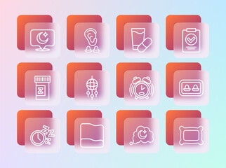 Set line Medical prescription, Pillow, Alarm clock, Dreams, catcher with feathers, Sleeping pill, Moon and stars and Earplugs ear icon. Vector