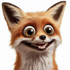 Fox with big bulging eyes with strange facial expressions Isolated on solid white background. ai generative