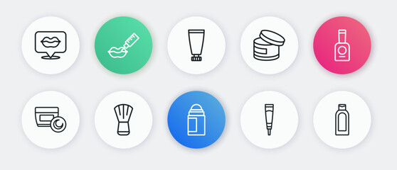 Set line Deodorant roll, Bottle of nail polish, Cream lotion cosmetic tube, shampoo and Makeup brush icon. Vector