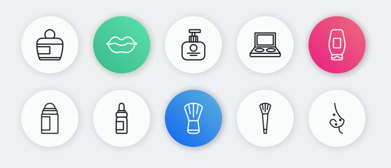 Set line Makeup brush, Bottle of shampoo, Deodorant roll, Eye shadow palette with, Tube hand cream, Acne and Essential oil bottle icon. Vector