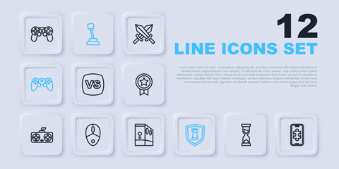Set line Old hourglass, Mobile gaming, VS Versus battle, Chess shield, Game controller or joystick, Computer mouse, Gear shifter and Case of computer icon. Vector