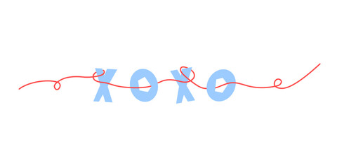 Garland with xoxo lettering phrase on a red thread illustration. Festive romantic doodle clipart. Valentine's Day symbol sticker design