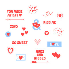 Set of hearts clipart decor elements with lettering phrases and little doodles. Valentine's day sticker illustration design