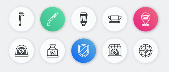 Fototapeta premium Set line Shield, Blacksmith anvil tool, oven, Garden light lamp, Round shield and icon. Vector