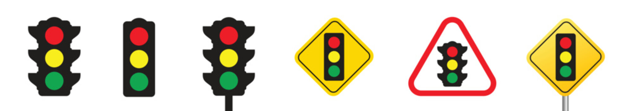 Traffic light icon collection. Traffic control light with red, yellow and green color flat isolated on transparent background. Road sign. Vector illustration.