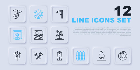 Set line Fruit tree, Eco healthy food, Agriculture wheat field farm, Garden fence wooden, Colorado beetle, Shovel and rake, Stop colorado and Water tower icon. Vector