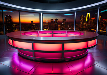 A colorful pink yellow purple and red news studio room table design