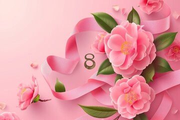 Happy women's day background with ribbon, pink flowers on pink background