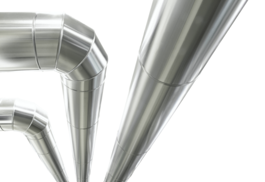 Metal pipes isolated on a white background, distribution duct pipelines, banner with copy space, heating and cooling plant air ventilation ductwork. HVAC system