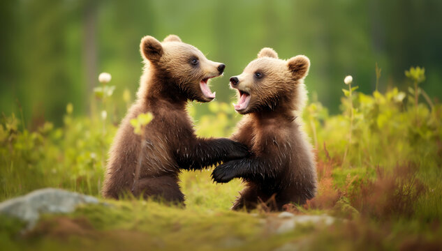 Close-up of cute brown bear cubs playing in the forest