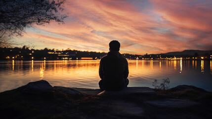 Portrait of a young depressed man sitting alone near the lake at sunset